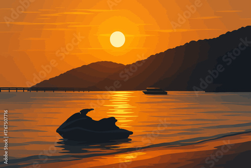 A breathtaking sunset over a tranquil beach casts warm orange and golden hues across the sky and calm ocean waters. A jet ski rests at the shoreline in the foreground, its silhouette reflecting softly