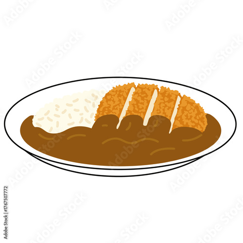Katsu Curry Illustration: Crispy Cutlet with Rice and Rich Brown Sauce on Plate