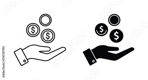 Hand holding coins icon symbol money currency financial transaction exchange - Line and glyph icon and logo - Vector icon symbol for website - Icon vector