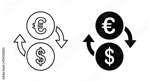 Euro dollar currency exchange icons with circular arrows showing conversion - Line and glyph icon and logo - Vector icon symbol for website - Icon vector