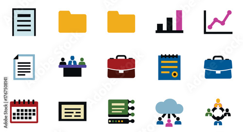 Collection of business and office-related icons, including documents, folders, graphs, briefcase, calendar, and cloud network symbols.
