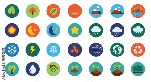 A collection of colorful circular icons depicting various natural elements and weather conditions.