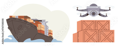 Freight ship carrying containers across the ocean alongside a quadcopter surveying wooden crates. Ideal for logistics, global trade, supply chain, shipping, innovation, technology, delivery. Simple