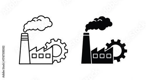 Industrial factory silhouette and outline icons with smoke and gear - Line and glyph icon and logo - Vector icon symbol for website - Icon vector