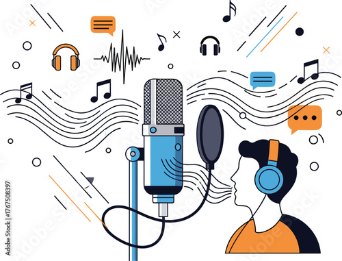 Podcasting and Voice Recording Concept. Man Speaking into a Studio Microphone with Sound Waves and Music Notes