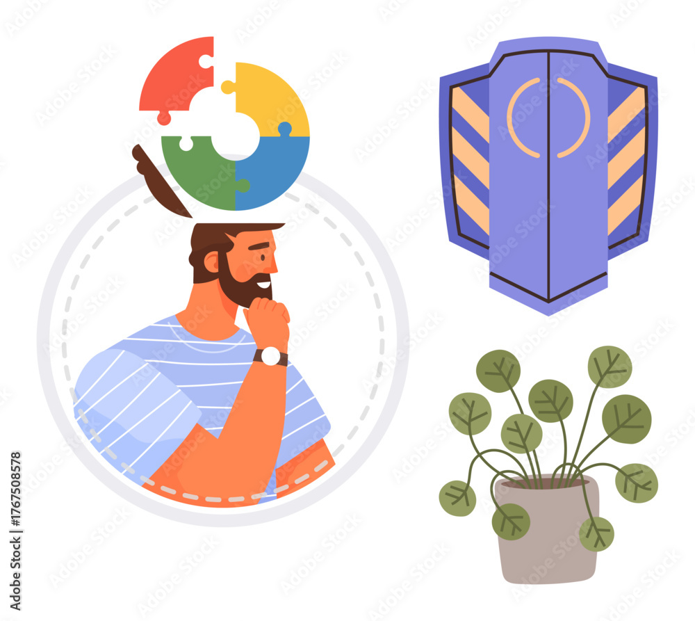 Naklejka premium Thoughtful man under puzzle circle, blue shield icon, and potted plant. Ideal for creativity, problem-solving, protection, growth, strategy mindfulness and innovation. Simple flat metaphor