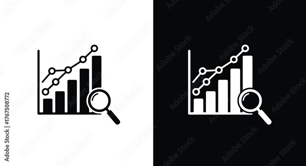 Data analysis magnifying glass and bar chart showing growth and trends - Line and glyph icon and logo - Vector icon symbol for website - Icon vector