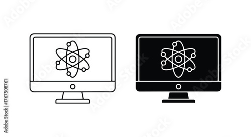 Computer monitors displaying atomic structure symbol science technology - Line and glyph icon and logo - Vector icon symbol for website - Icon vector