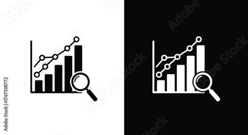 Data analysis magnifying glass and bar chart showing growth and trends - Line and glyph icon and logo - Vector icon symbol for website - Icon vector