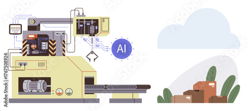 Industrial AI machine with robotic control panels and conveyor belt processing items. Packaged goods on the ground convey automation. Ideal for AI, productivity, logistics, manufacturing, industrial