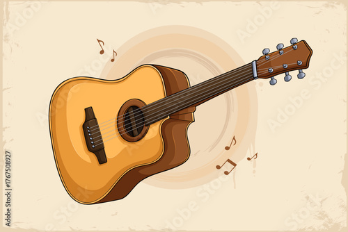 Classic beige acoustic guitar, detailed musical instrument illustration for music and art themes