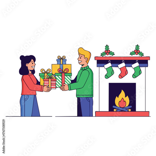 A happy couple exchanges Christmas presents in front of a cozy, decorated fireplace with stockings.