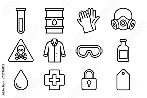 Chemical Safety Icons. Chemical safety. Line outline icon set of chemical safety: test tube, chemical barrel,