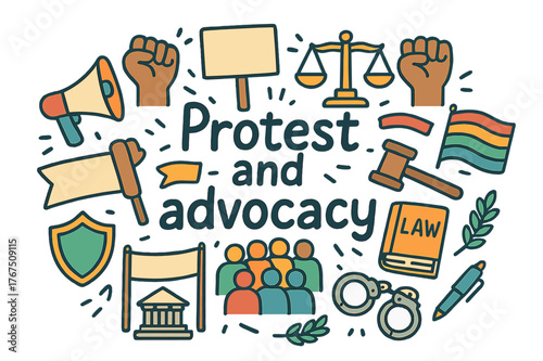 Colorful Protest Icons. Protest and advocacy. Hand-drawn doodle illustration of Protest and advocacy. Raised