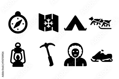 Polar Exploration Icons. Polar exploration. Filled icon set of Polar exploration: compass, map, tent, sled