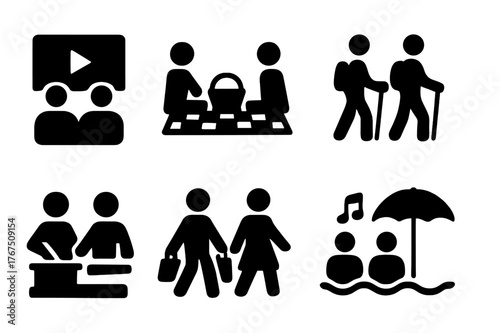 Shared Activities Icons. Shared activities. Filled icon set of shared activities: movie night, picnic, hiking,