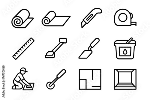 Carpet Installation Tools. Installing carpet in a room. Line outline icon set of Installing carpet in a room: