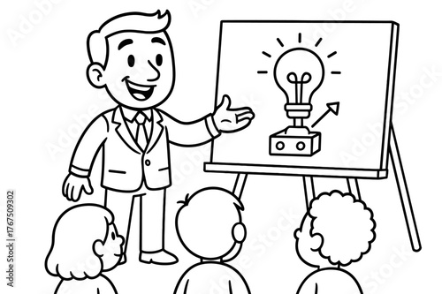 Entrepreneur's Fun Demo. Product demo children?s coloring book illustration, outlined drawing, cartoon