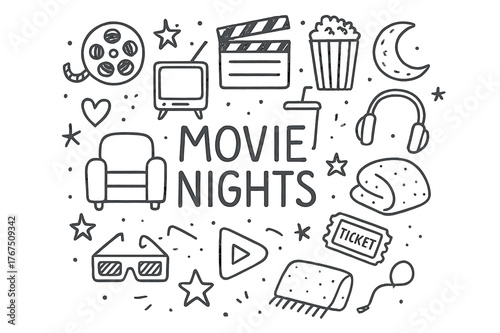 Movie Night Icons. Movie Nights. Hand-drawn doodle illustration of Movie Nights. film reel, clapperboard,