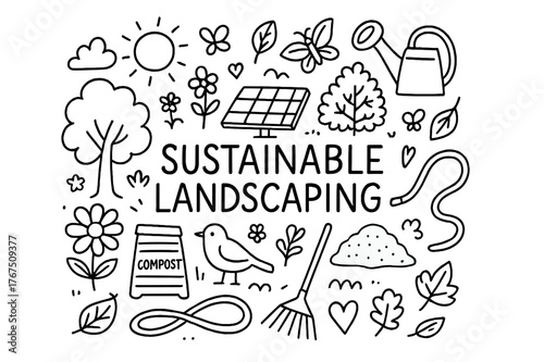 Sustainable Landscaping Doodle. Sustainable Landscaping. Hand-drawn doodle illustration of Sustainable