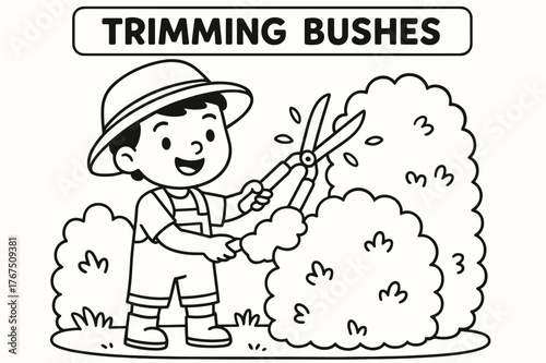 Gardener Trimming Bushes. Trimming bushes children?s coloring book illustration, outlined drawing, smiling