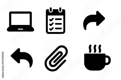 Work Email Icons. Work email workflow. Filled icon set of Work email workflow: laptop, to-do list, calendar,