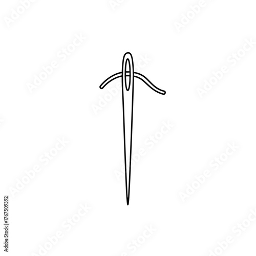 Simple Line Art: Sewing Needle with Thread Through Eye, Pointing Downward