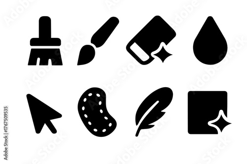 Digital Cleaning Icons. Digital cleaning tools. Filled icon set of digital cleaning tools: dust removal brush,