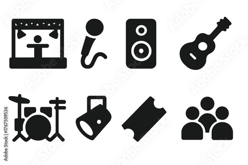 Concert Icon Set. Concerts. Filled icon set of Concerts: stage, microphone, speaker, guitar, drum set,