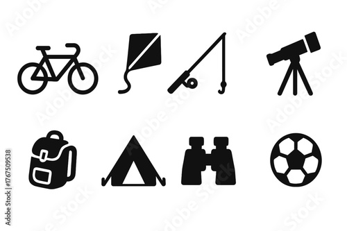 Outdoor Hobbies Icons. Outdoor hobbies. Filled icon set of Outdoor hobbies: bicycle, kite, fishing rod,