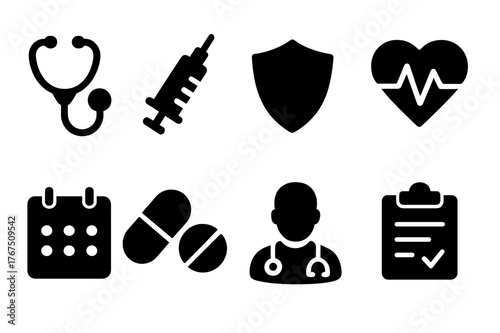 Preventive Care Icons. Preventive care. Filled icon set of Preventive care: stethoscope, syringe, shield,
