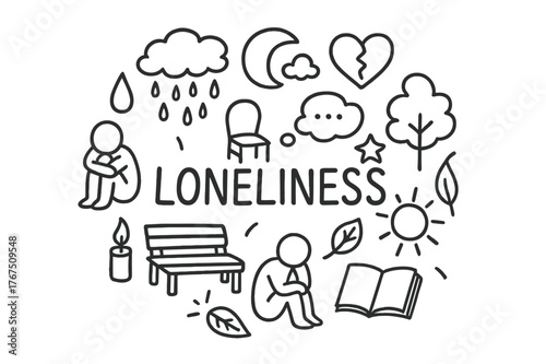 Doodle of Loneliness. Loneliness. Hand-drawn doodle illustration of Loneliness. person sitting, empty chair,