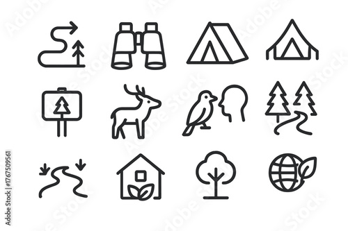 Eco-Tourism Icon Set. Eco-tourism and nature reserves. Line outline icon set of Eco-tourism and nature