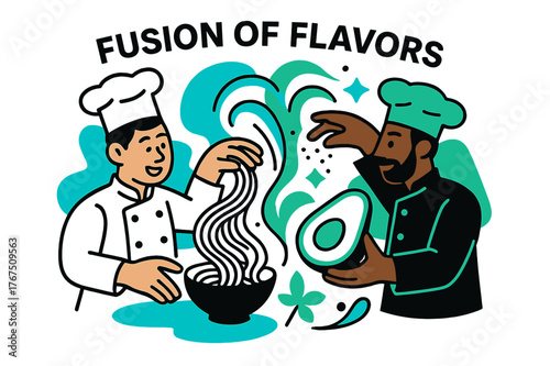 Fusion Flavors Uniting. Fusion cuisine. Two chefs from different cultures creatively mixing ingredients ?