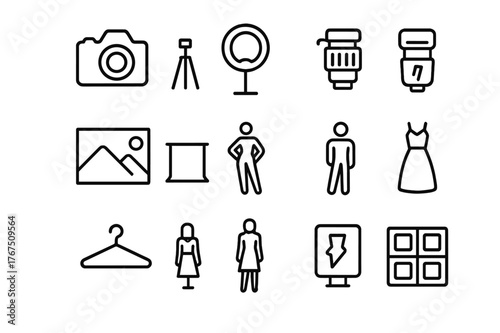 Fashion Photography Icon Set. Fashion photography. Line outline icon set of fashion photography: DSLR camera,