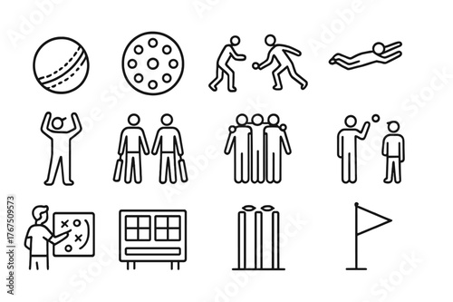 Cricket Icon Set. Cricket teamwork. Line outline icon set of Cricket teamwork: cricket ball, fielding ring