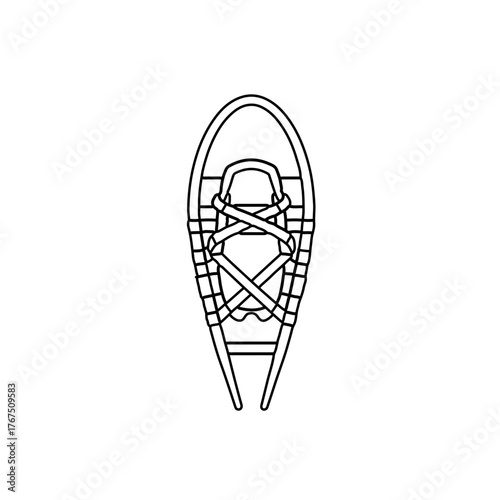 Minimalist snowshoe illustration with intricate lacing and streamlined frame design