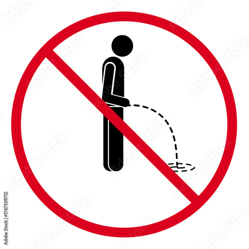 No public urination prohibition vector sign: man peeing stick figure symbol with red slash circle for sanitary warning in public areas and facility regulations