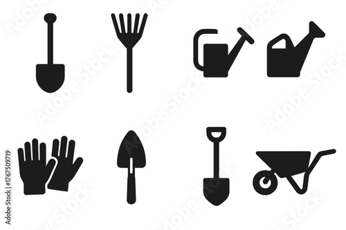 Garden Tools Icons. Garden tools. Filled icon set of Garden tools: shovel, rake, hoe, watering can,