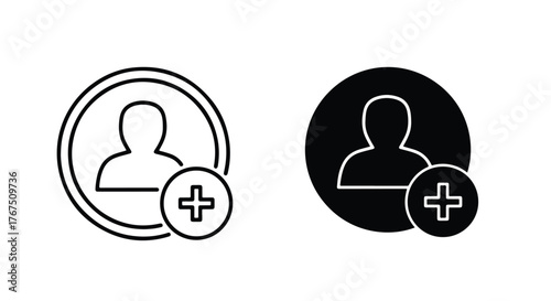 User profile icon with add button in two styles outline and solid fill - Line and glyph icon and logo - Vector icon symbol for website - Icon vector