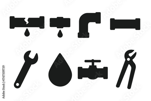 Plumbing Issues Icons. Pipe issues. Filled icon set of Pipe issues: cracked pipe, leaking joint, elbow joint,