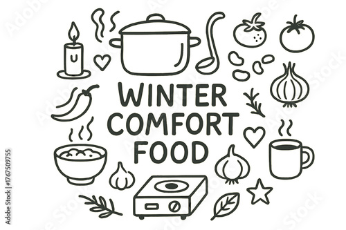 Winter Comfort Doodle. Winter Comfort Food. Hand-drawn doodle illustration of Winter Comfort Food. big pot,