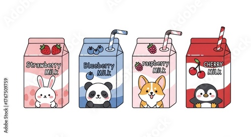 Cute cartoon fruit milk cartons with animals and straws
