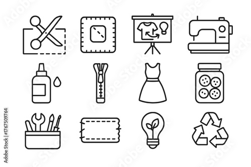 Upcycling Fashion Icons. Upcycling fashion. Line outline icon set of upcycling fashion: scissors and fabric,