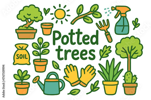 Whimsical Potted Trees. Potted trees. Hand-drawn doodle illustration of Potted trees. Bonsai pot, ficus tree,