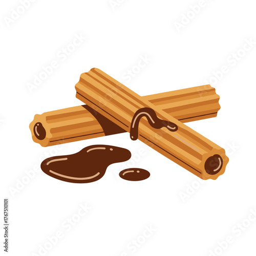 Two golden churros crossed, drizzled with rich chocolate sauce and a small pool