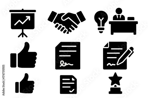 Pitching Icons Collection. Pitching and approval. Filled icon set of pitching and approval: presentation board