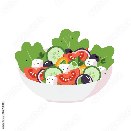 Colorful Greek Salad in a White Bowl, Fresh and Vibrant