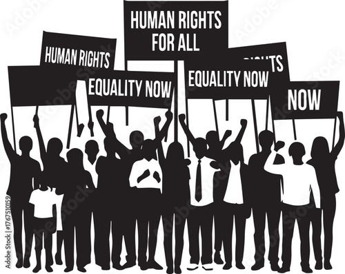 Diverse group protesting for human rights equality and justice holding signs