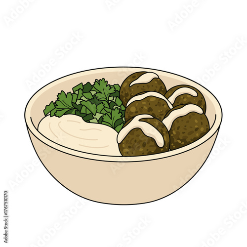 Delicious Falafel in a Bowl with Hummus and Herbs